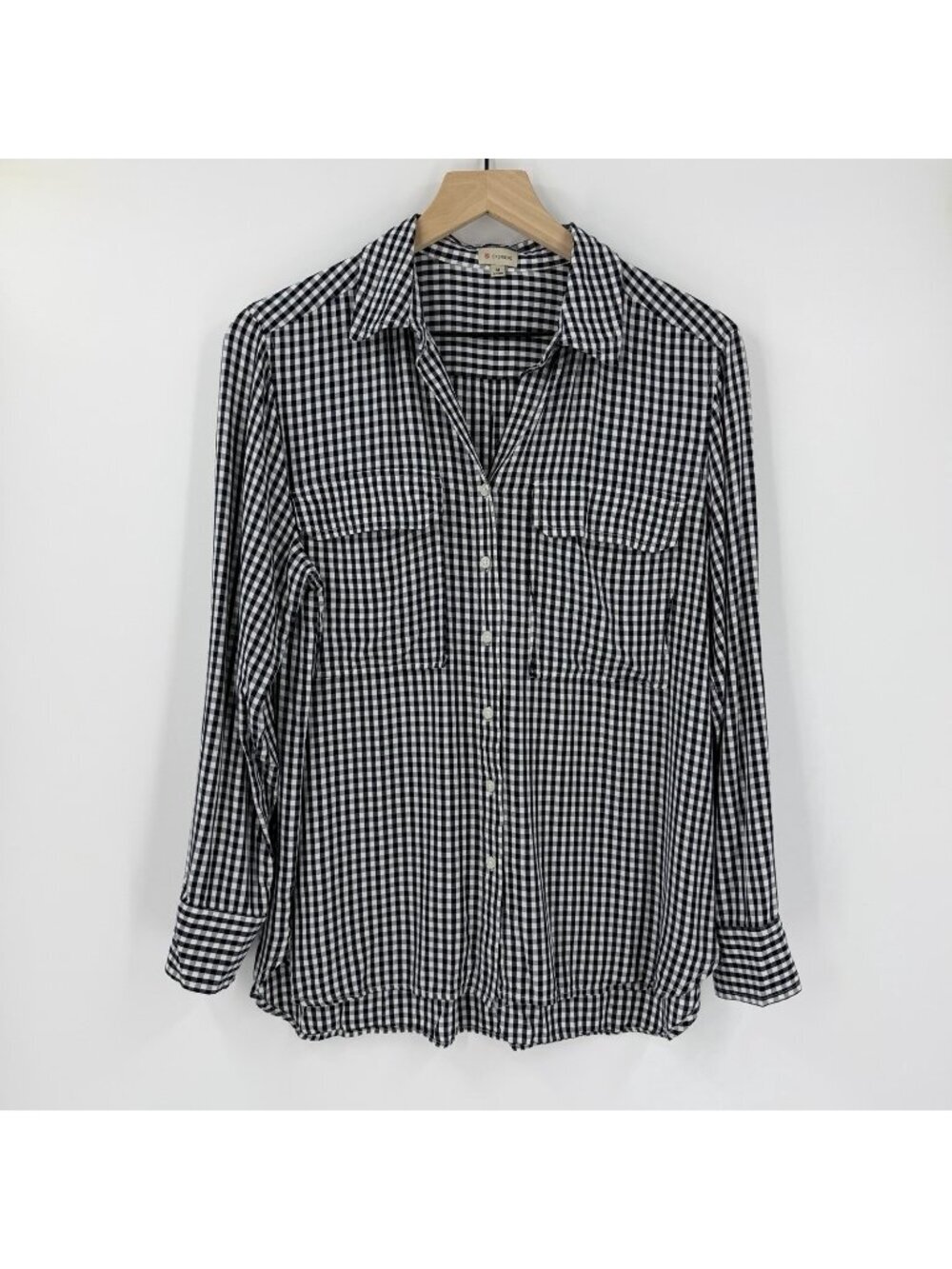 Cremieux Navy Blue Gingham Check Blosue M Lightweight Roll Tab Preppy Summer